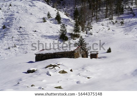 Beautiful winter landscape on a sunny day in the mountains with view to a wood hut