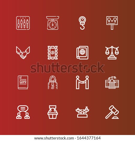 Editable 16 legal icons for web and mobile. Set of legal included icons line Auction, Scale, Witness, Agreement, Courthouse, Judge, GDPR, Passport, Stamp, Equality, Equalizer on red