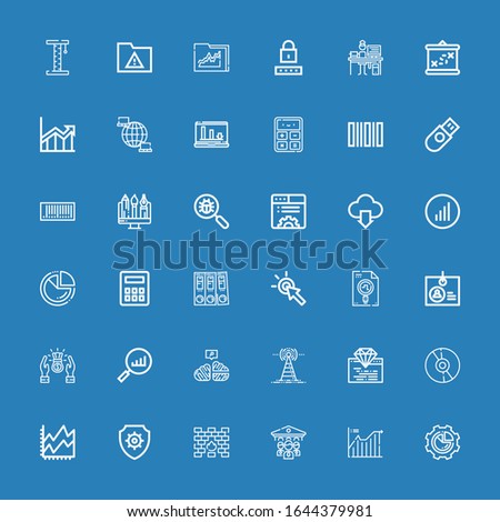 Editable 36 data icons for web and mobile. Set of data included icons line Pie chart, Line chart, Organization, Firewall, Antivirus, Cd, Coding, Antenna, Neural on blue background