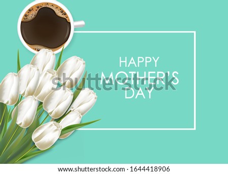 Realistic white tulips and coffee, hello spring, womens day, 8 march beautiful flowers, spring card vector, sale banner, floral background