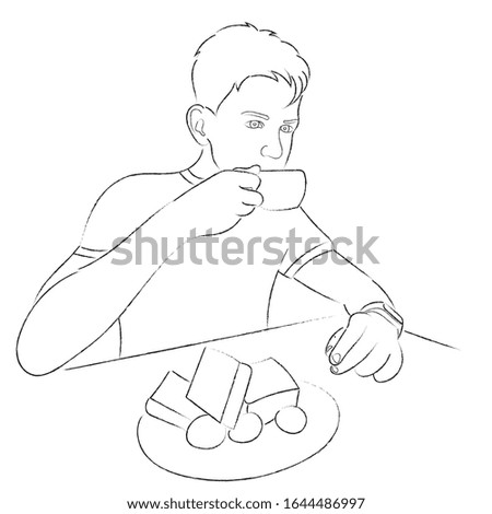 Sketch of a guy who drinks coffee with muffins, black outline drawing of a teenager in a cafe, coffee break