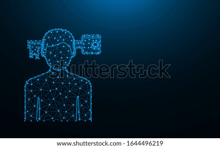 Problem solving low poly design, man and key wireframe mesh polygonal vector illustration made from points and lines on dark blue background