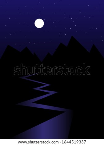 black mountains silhouettes, river, starry night and full moon