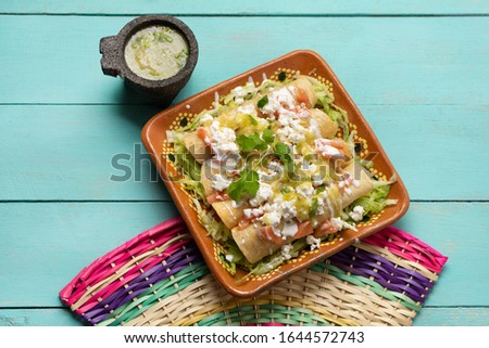 Traditional mexican potato and cheese fried tacos also called flautas with green sauce on turquoise background