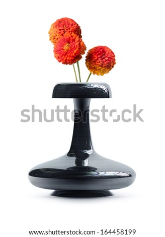 Black vintage vase with a bunch of flowers isolated on white background. High resolution