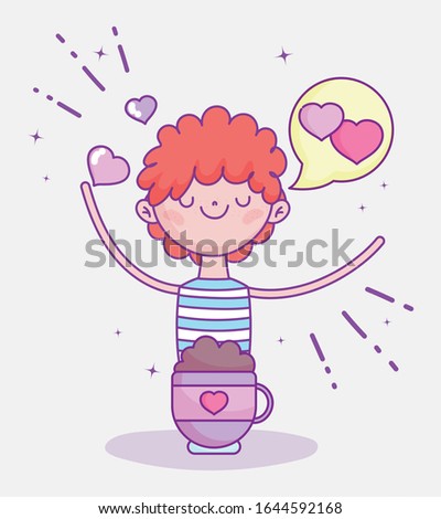 happy valentines day, boy with chocolate cup hearts love vector illustration