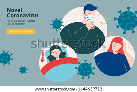 COVID-19 symptoms including cough, fever and feeling dizzy in flat style Royalty-Free Stock Photo #1644639712