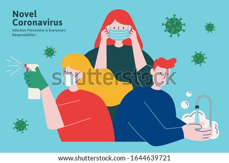 COVID-19 hygiene promotion with wearing a face mask, sanitizing with alcohol and washing your hands in flat style Royalty-Free Stock Photo #1644639721