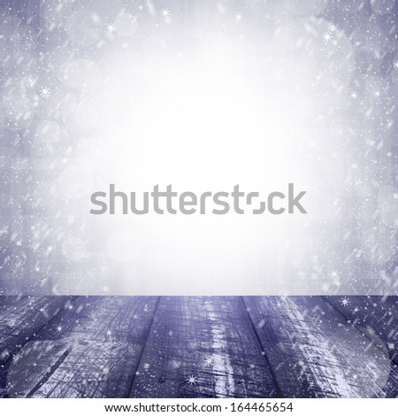 Winter background with a wooden panel in the shape of a square