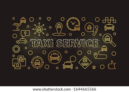 Vector Taxi Service concept golden thin line horizontal banner or illustration on dark background