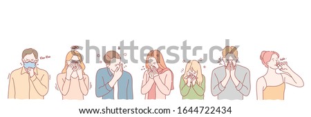 Coronavirus concept.  People with viral desease set concept. Group of young men and women has serious viral deseases. Allergic boys and girls cough and sneeze using handkerchief and nose drops.  Royalty-Free Stock Photo #1644722434