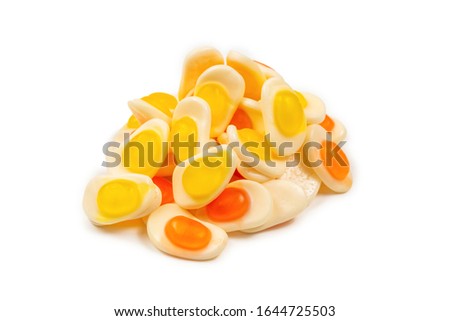 Eggs gummy candies. Top view. Jelly  sweets. Isolated on white.