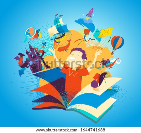 Boy appearing from a book. Concept of reading books being an adventure. Kids imagination, tales, stories, discovery. Children literature colorful bookcover. Vector illustration