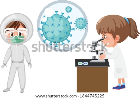 Coronavirus cell and two scientists in the lab illustration