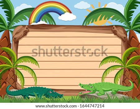 Banner template with wooden board and crocodiles in the park illustration