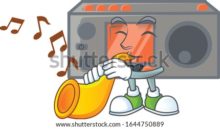 cartoon character style of radio transceiver playing a trumpet