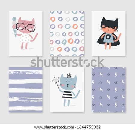 Collection of 6 card templates with kittens. Posters set. Vector illustration for greeting, congratulations, invitations, tags, postres. Creative Hand Drawn posters in pastel colours
