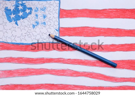 USA flag painted by a child. Drawing state symbols, education