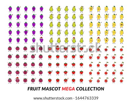 Mega collection of fruit mascots character including grape, avocado, mango, plum, cherry, strawberry. Trendy Eps 10