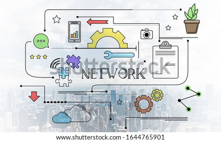 Network connection linear sketch on background of modern cityscape. Strategy planning and analysis. Mind map of internet network engineering and development. Marketing and presentation template