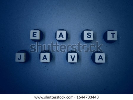 East Java (the name of a province in Indonesia), word cube with background.