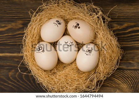 Eggs with funny faces in nest . close up 