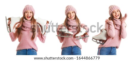 Collage with beautiful young woman holding ice skates against white background