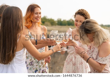 The company of female friends enjoys a summer picnic and raise glasses with wine.