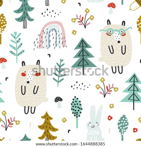Cute woodland pattern with little bear, rabbit and hand drawn elements. Vector background for children. Scandinavian style. Vector illustration.
