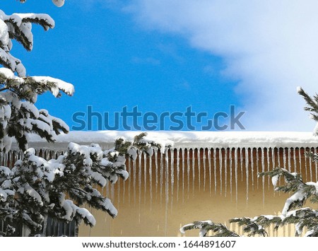 Icicles spike of ice hanging from the snowy roof.artvin