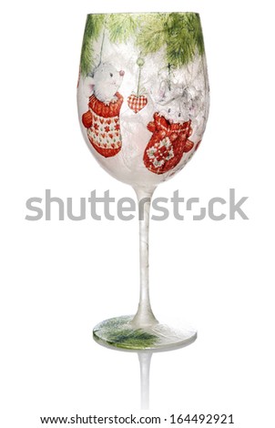 Christmas decoupage on the wine glass. Christmas decoration.