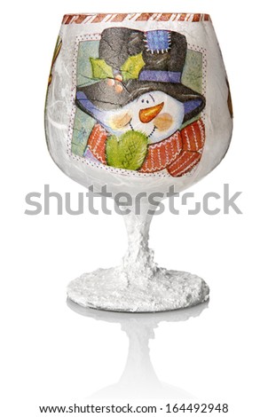 Christmas decoupage on the wine glass. Christmas decoration.