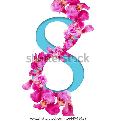 Banner for the International Women's Day. Flyer for March 8 with the decor of flowers. Invitations with the number 8 with a pattern of spring plants, flowers