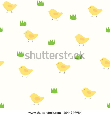 Seamless pattern of chickens and grass. Little birds illustration