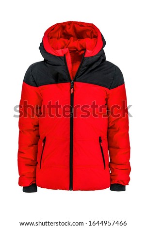 Men's red with black hooded warm sport puffer jacket isolated over white background. Ghost mannequin photography