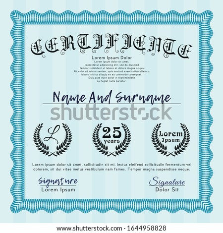 Light blue Classic Certificate template. Lovely design. With great quality guilloche pattern. Vector illustration. 
