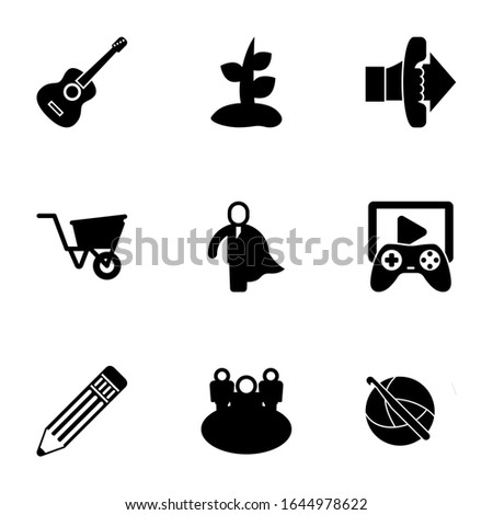 9 icon filled icons set isolated on white background. Icons set with Guitar playing, Plant, Call To Action, wheelbarrow, business hero, Game streaming, Pencil, team, crochet icons.