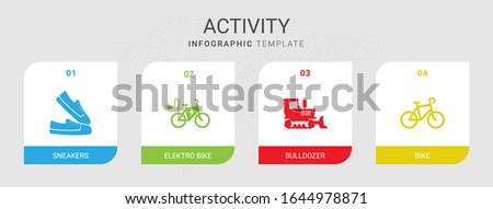 4 activity filled icons set isolated on infographic template. Icons set with sneakers, elektro bike, bulldozer, Bike icons.