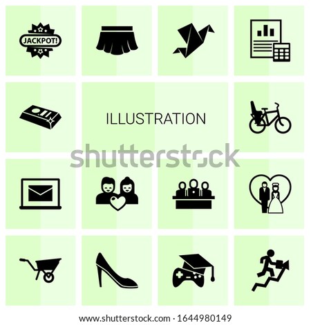 14 illustration filled icons set isolated on white background. Icons set with gold bar, Online library, couple, Bike Child seat, Jackpot, skirt, Origami, Balance Sheet icons.