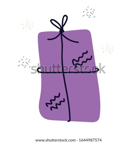 Cute doodle violet present box isolated on white background. Vector illustration for design wrapping paper, card, postcard, poster, text space. Minimalist holiday background, invitation, cover.