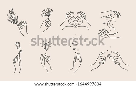 A set of women's hand logos in a minimalistic linear style. Vector design of sign templates or emblems in various gestures. For cosmetics, Studio, tattoo, Spa, manicure, beauty product packaging