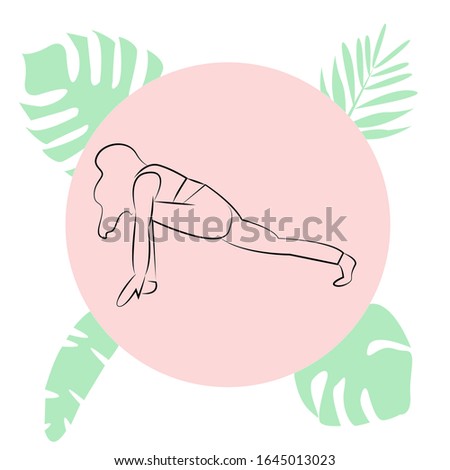 Linear vector illustration of yoga against the background of the tropics
