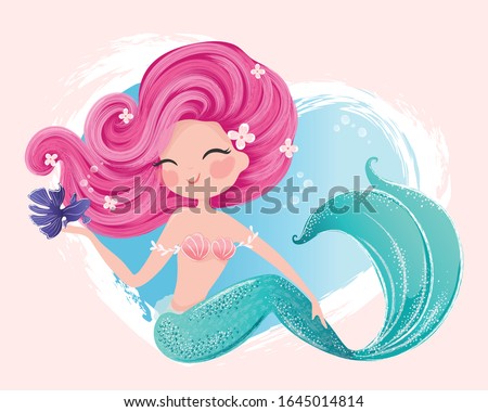 Little cute mermaid with little purple fish, vector illustration, lovely mermaid graphic for kids prints, t shirts, wallpapers, birthday cards, postcards, children products, girls swimsuits.