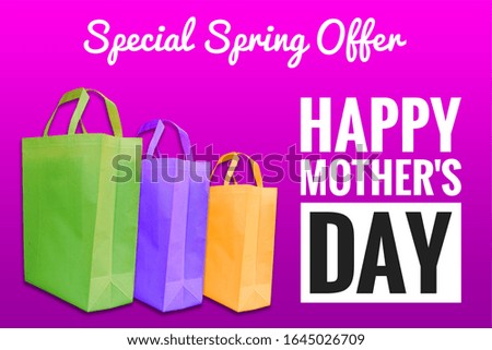 Happy Mother's Day Special Spring Offer Banner UP TO  50% OFF with Fabric Shopping bags on pink background