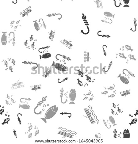Set Fishing hook, Fishing boat with oars on water, Fish and Fishing on seamless pattern. Vector