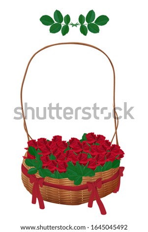 Wicker basket with bows full of red roses. Clip art on white background