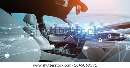 Empty cockpit of a autonomous car. Automotive technology.