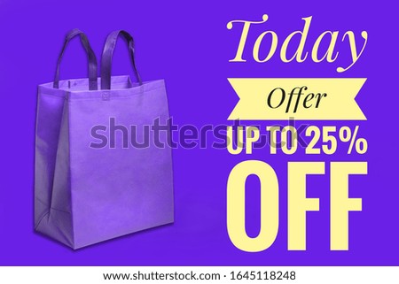 Today Special Offer Banner UP TO 25% OFF with Fabric Shopping bags on blue background. trendy Very Peri color of the year 2022