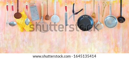 Kitchen utensils for commercial kitchen, panorama format, restaurant,cooking, culinary concept. Free copy space, good web banner.