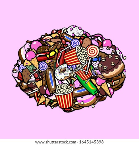 Heap of cartoon sweets and confectionery on a pink background